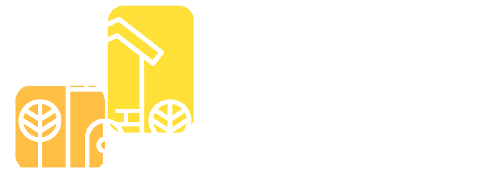 Logo Kasa Cooperativa Habitacional. Simbolo de uma casa com árvores em volta na cor branca com um retangulo de fundo no canto superior esquerdo na cor amarela e um quadrado no canto inferior esquerdo na cor amarela. Ao lado está escrito 'COTIA IMÓVEIS DE COOPERATIVA'